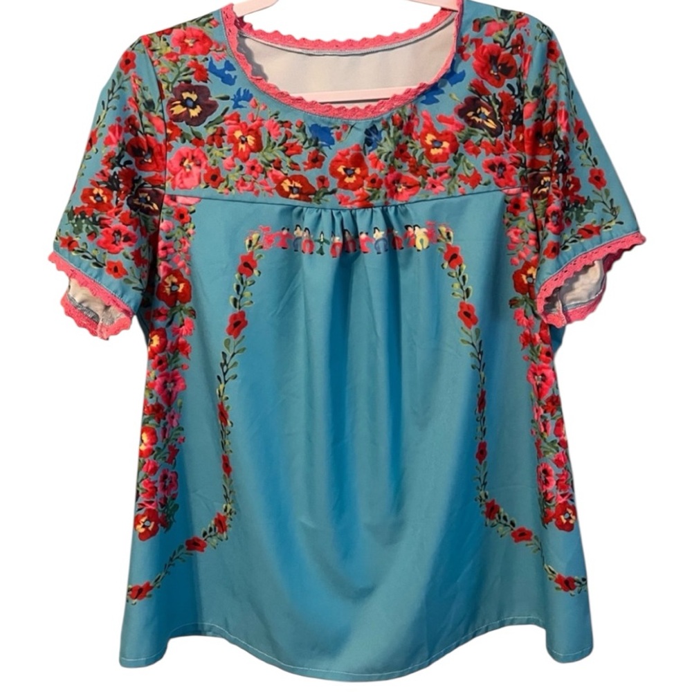 Floral print Women's Blouse - Blue and Red